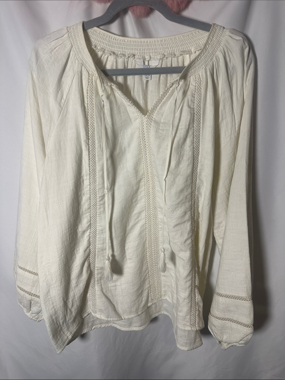 Time and Tru Cream Peasant Tie-Neck Blouse